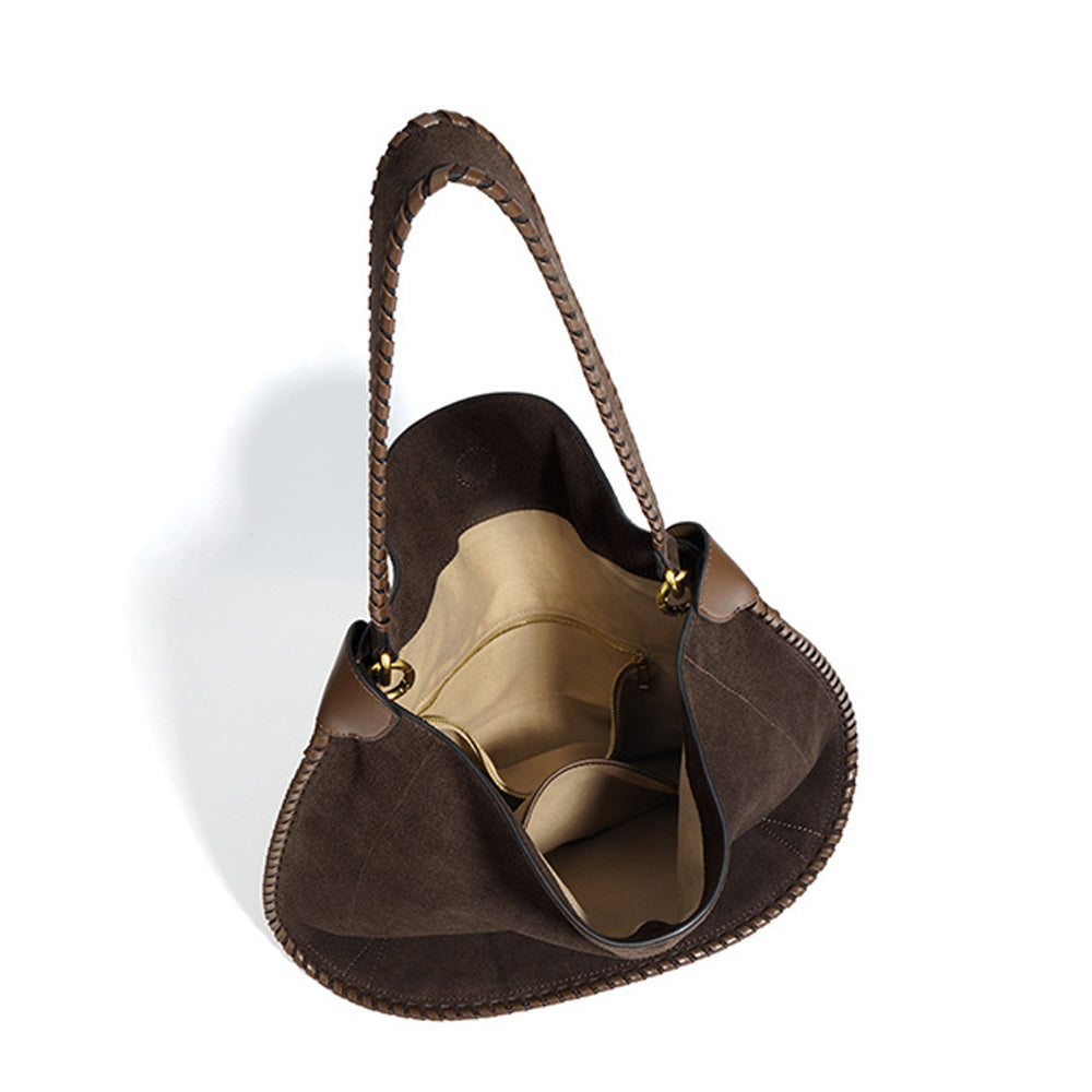 Hobo Soft Bag | Braided Suede Calfskin Leather Shoulder Bag - Brown