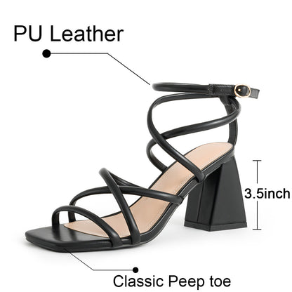 Women's Heels Chunky Block Strappy Square Open Toe Buckle Heeled Sandals