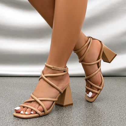 Women's Heels Chunky Block Strappy Square Open Toe Buckle Heeled Sandals