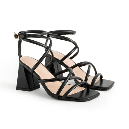 Women's Heels Chunky Block Strappy Square Open Toe Buckle Heeled Sandals,black