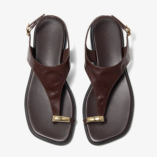 Women’s Genuine Leather Flat Sandals – Metallic Toe Ring Clip Style