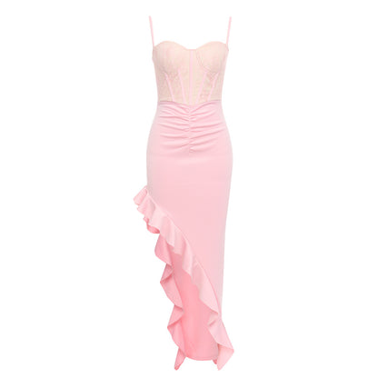 Contrast Lace Ruffled Ruffled Linen Dress - CIVIBUY