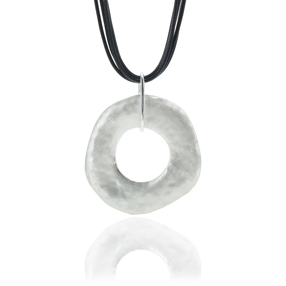 Vintage 17" Necklace Sterling Silver 925 Black Leather With silver Circle - CIVIBUY