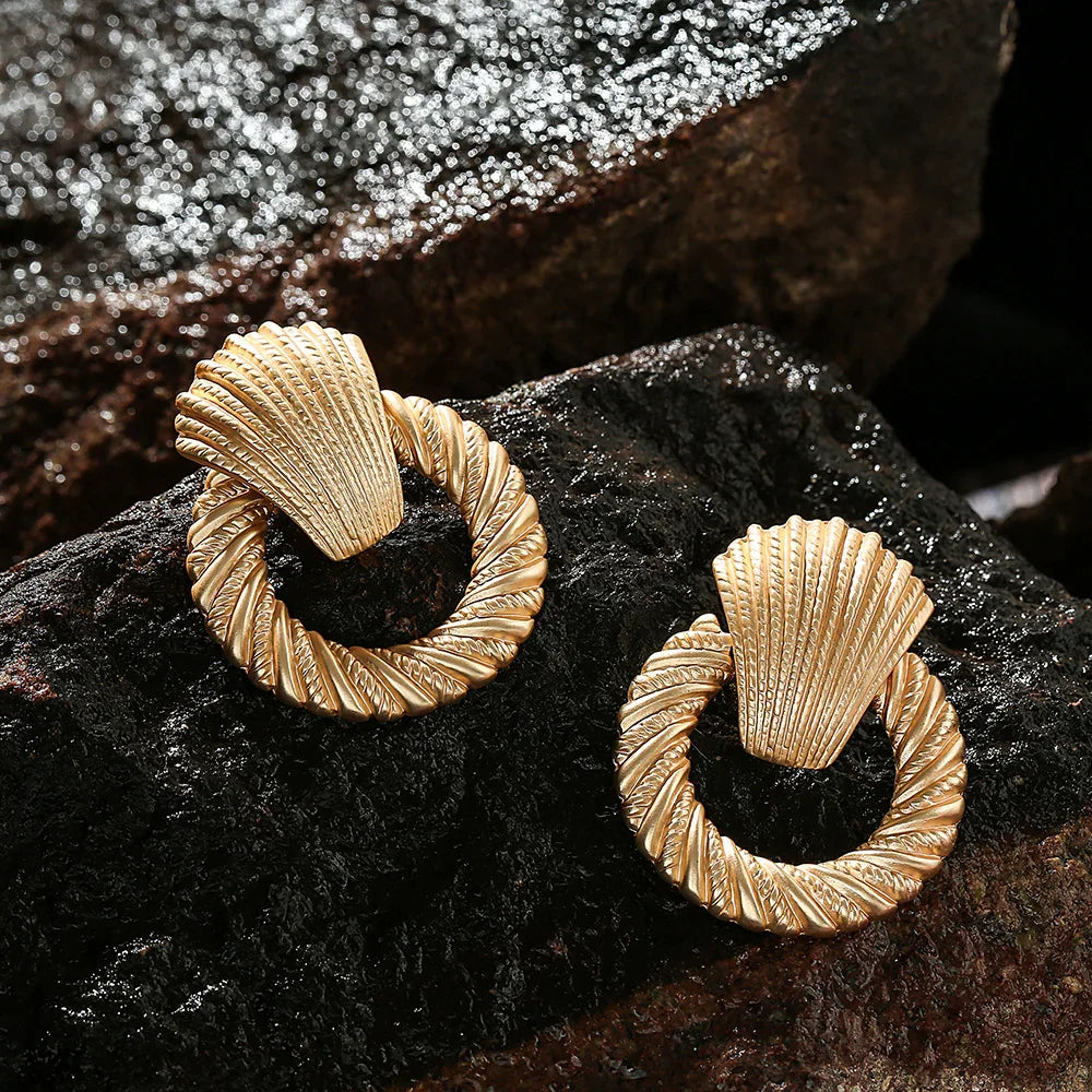 Vintage Textured Gold Plated Door Knocker Post Earrings - CIVIBUY
