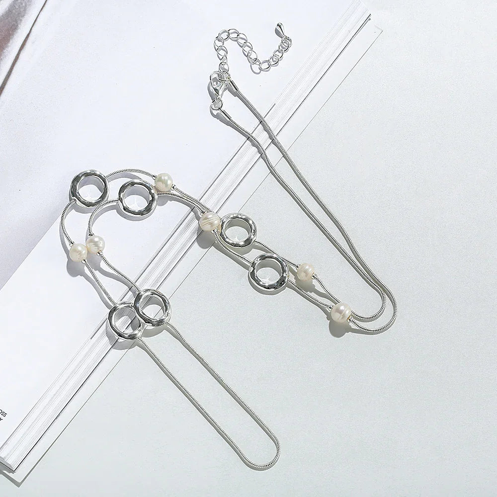 Long 32-inch Double Circle Link Necklace Rhodium on Sterling Silver - CIVIBUY