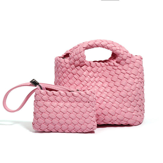 編み込みレザーハンドバッグ 編み込みバッグ トップハンドルショルダーバッグ ピンク