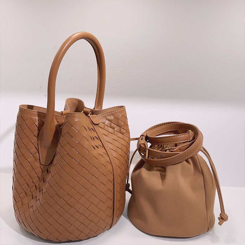 Leather Woven Bucket Bag for Women Leather Handwoven bag Gift for women,Sheep skin