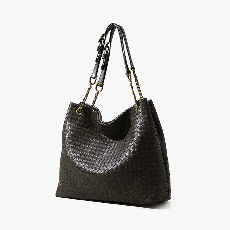 Vintage-Style Woven Leather Tote Bag – Soft Slouchy Shoulder Handbag with Chain Strap