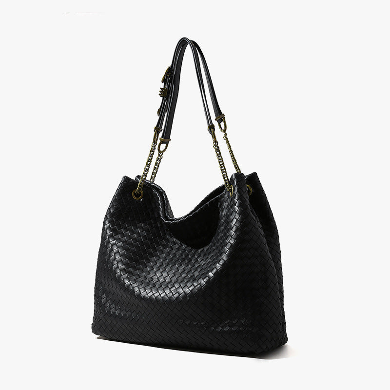 Vintage-Style Woven Leather Tote Bag – Soft Slouchy Shoulder Handbag with Chain Strap
