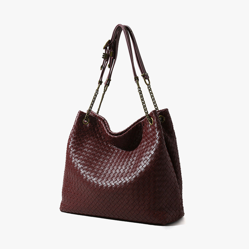 Vintage-Style Woven Leather Tote Bag – Soft Slouchy Shoulder Handbag with Chain Strap