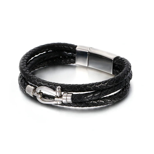 Men’s Retro Cowhide Leather Bracelet  Stainless Steel Clasp, Punk Style Wristband