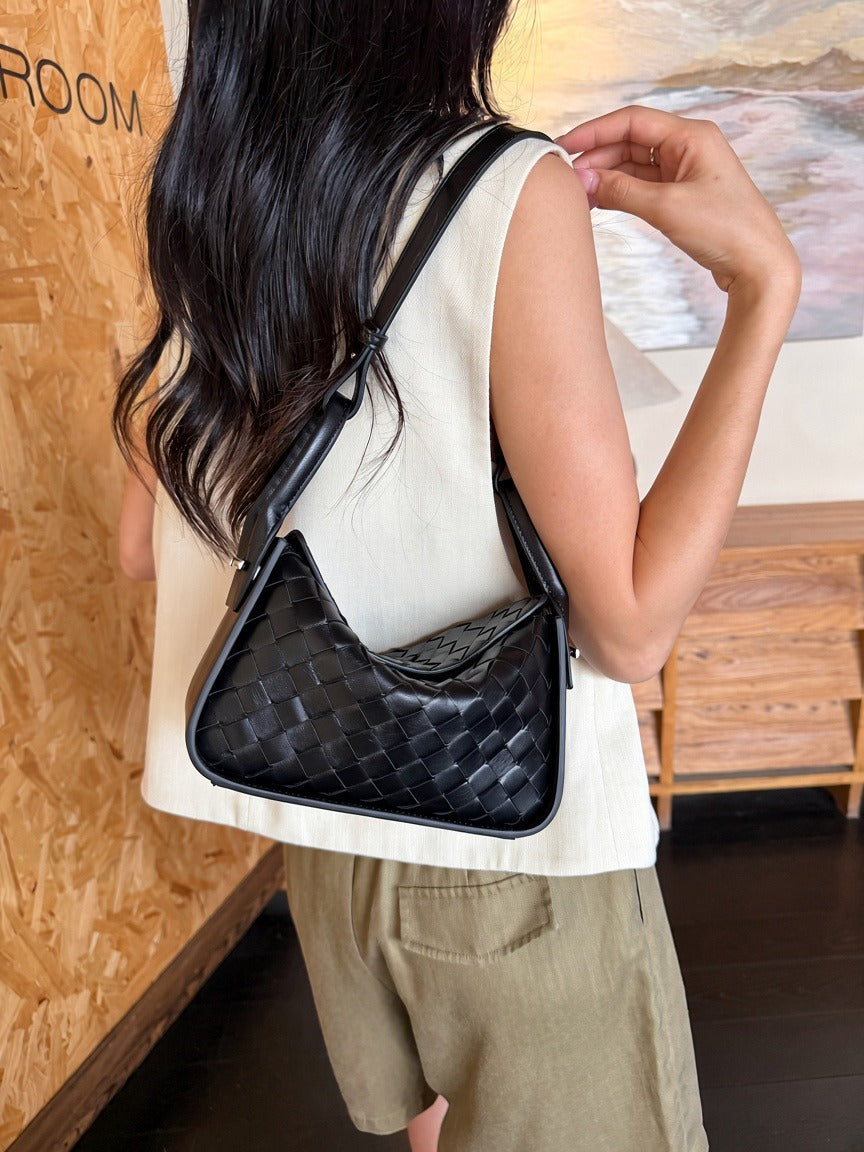 Small Genuine Black Woven Leather Handbag for Women