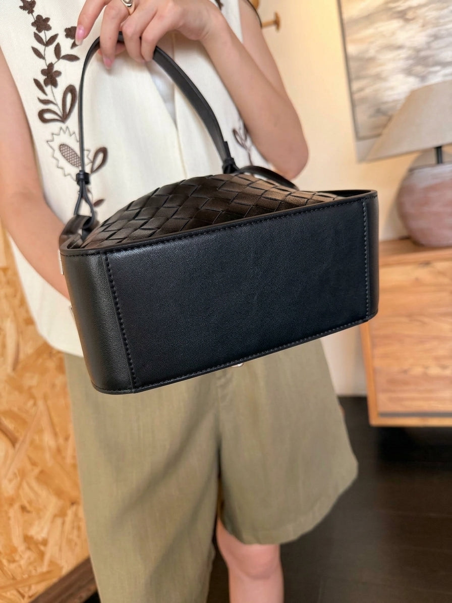Small Genuine Black Woven Leather Handbag for Women