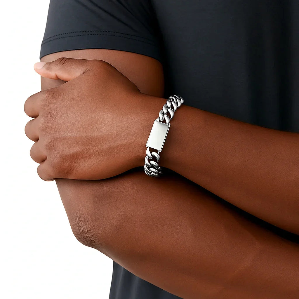 Men’s stainless steel Cuban link chain bracelet – heavy-duty silver tone biker jewelry, durable masculine fashion accessory gift