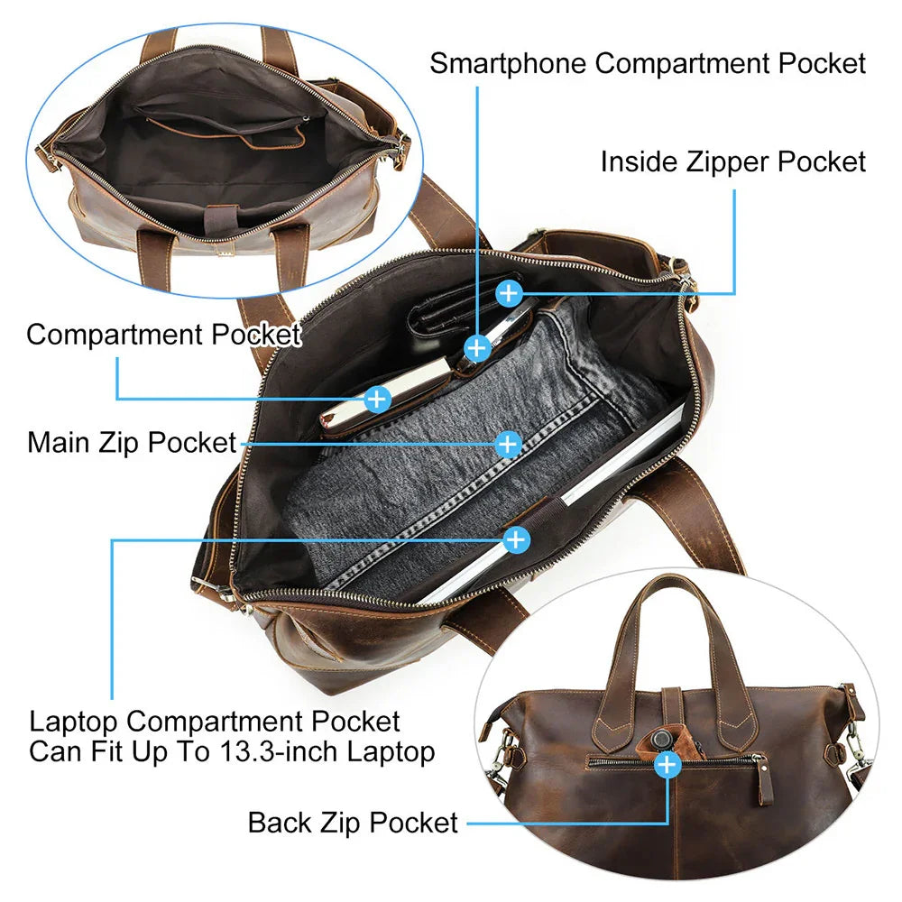 ブラウンレザーのメンズハンドバッグ – スタイリッシュで実用的