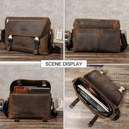 Genuine Leather Mens Briefcase 14 Inch Laptop Bag, Casual Vintage Crossbody Bag Business Messenger Handbag for Men Women Travel School Lawyer