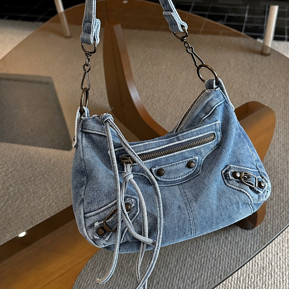 Washed Denim Motorcycle Shoulder Bag, Vintage Denim Hobo Purse with Studs & Tassels for Women