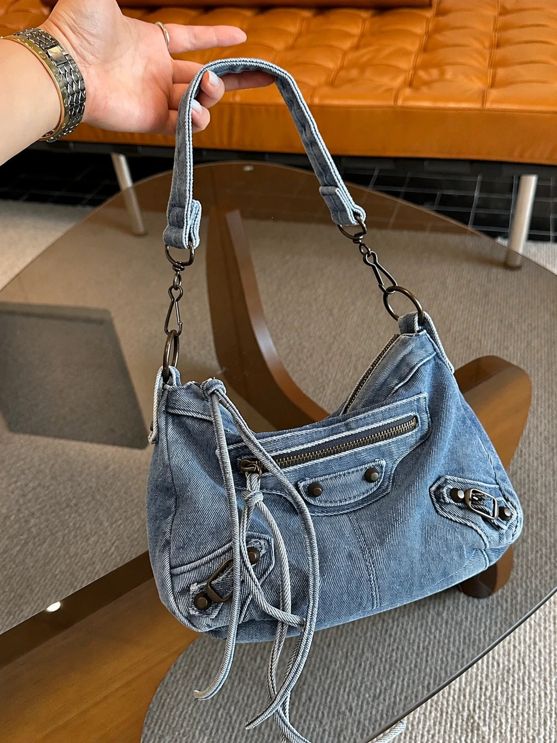 Washed Denim Motorcycle Shoulder Bag, Vintage Denim Hobo Purse with Studs & Tassels for Women