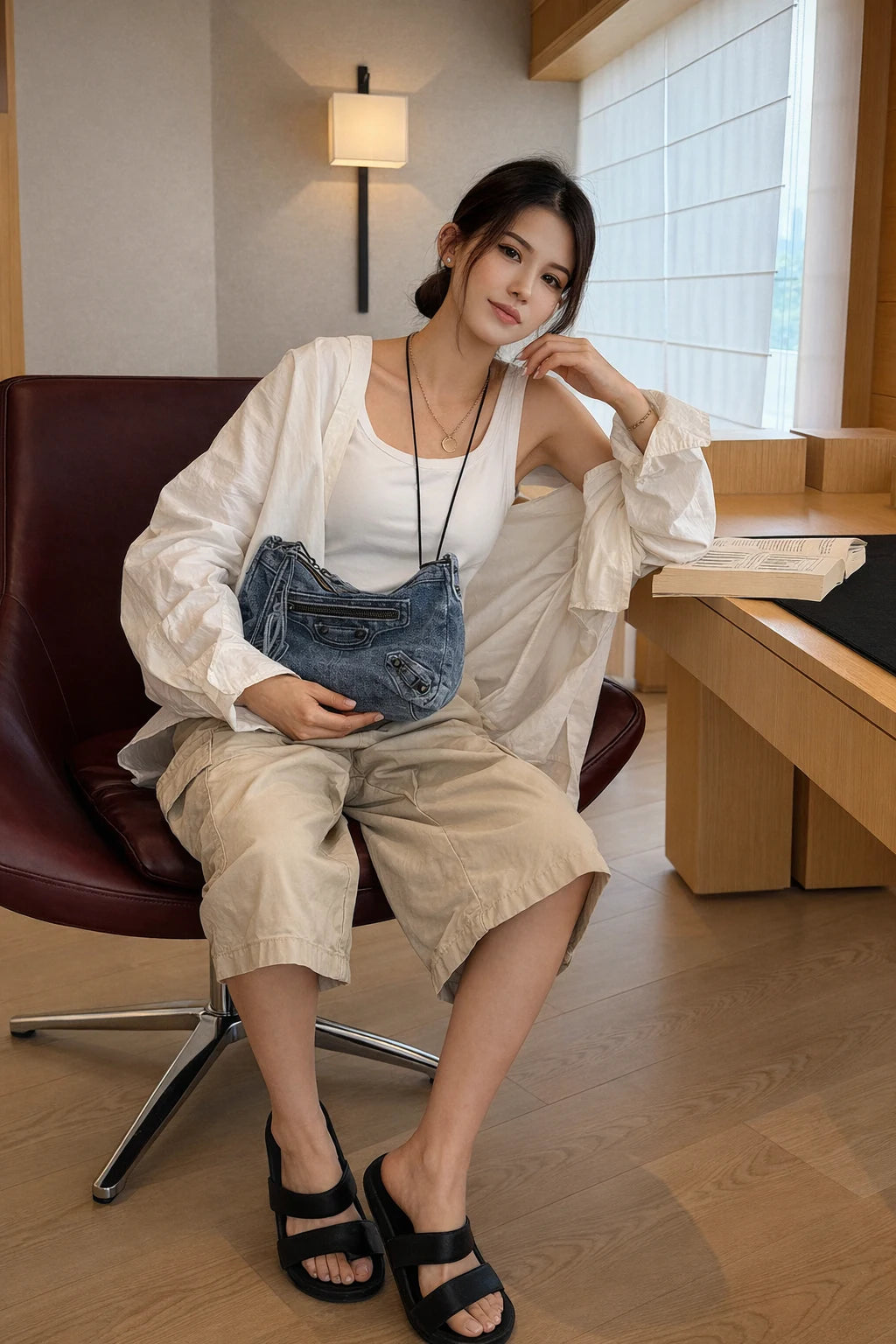 Washed Denim Motorcycle Shoulder Bag, Vintage Denim Hobo Purse with Studs & Tassels for Women