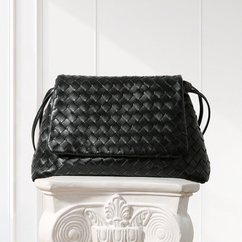Women's Woven 100% Lambskin Leather Shoulder Bag in Cream