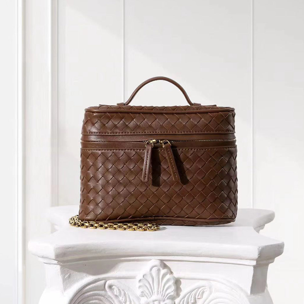 Woven Leather Mini Vanity Case Crossbody Bag | Compact Chain Shoulder Bag
