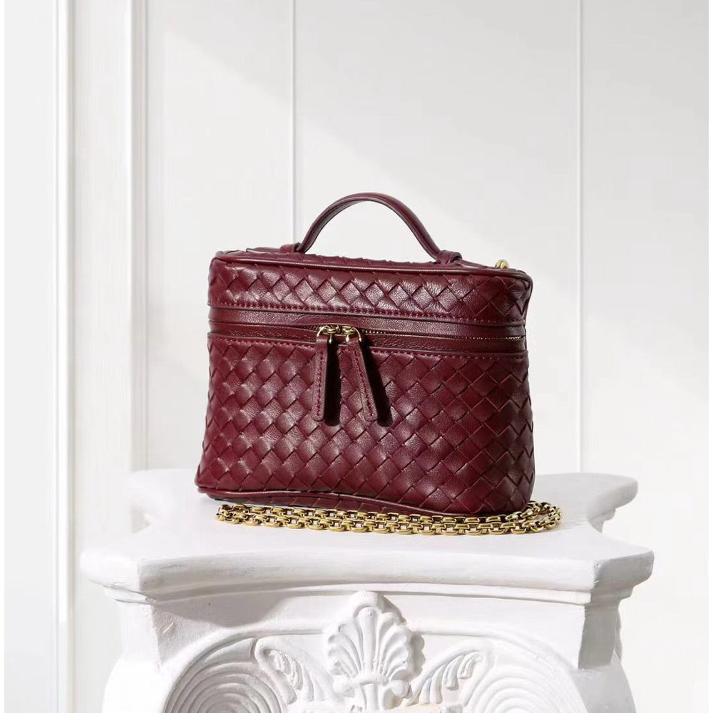 Woven Leather Mini Vanity Case Crossbody Bag | Compact Chain Shoulder Bag