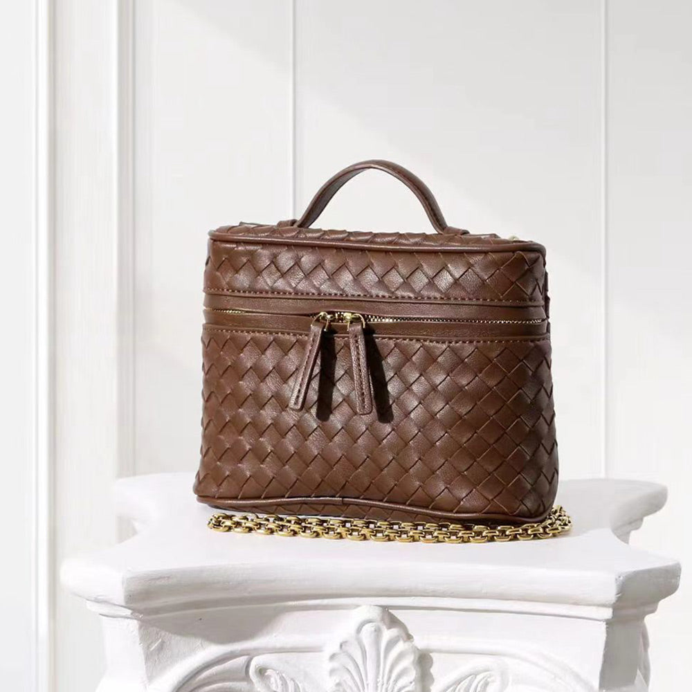 Woven Leather Mini Vanity Case Crossbody Bag | Compact Chain Shoulder Bag