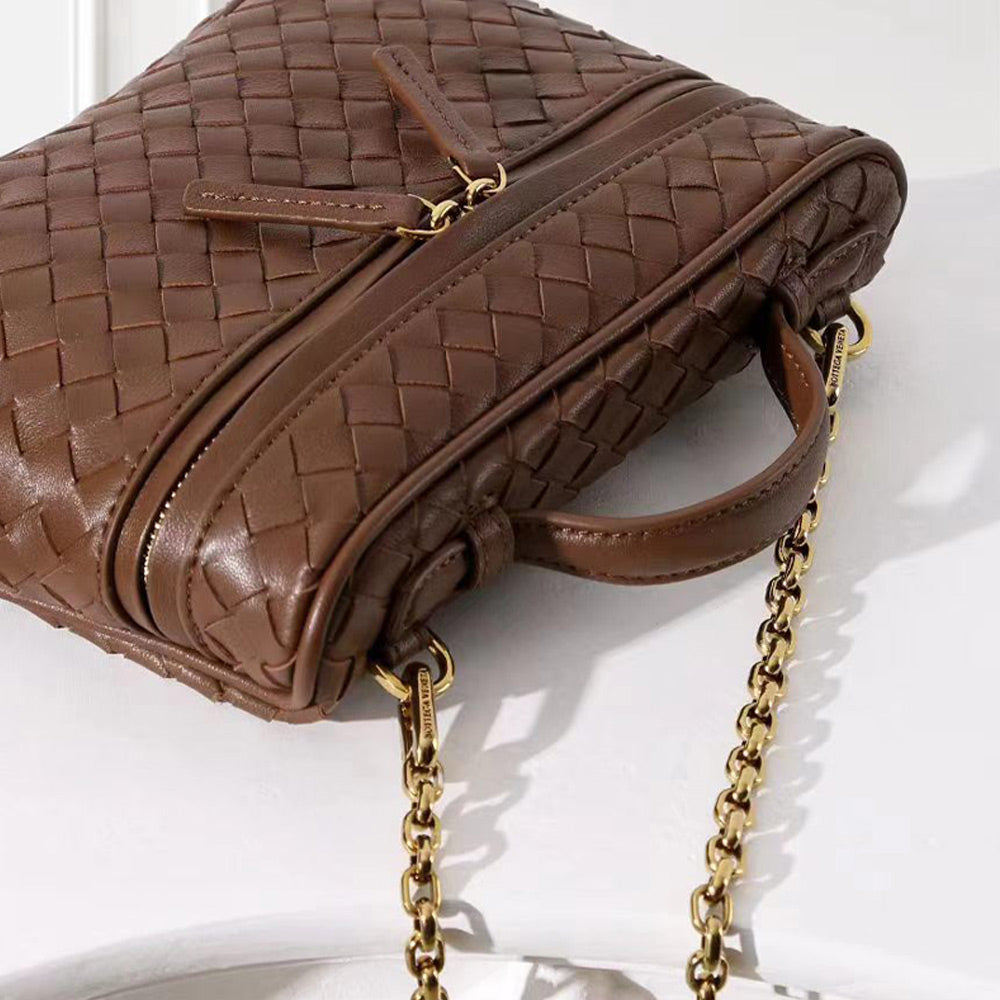 Woven Leather Mini Vanity Case Crossbody Bag | Compact Chain Shoulder Bag