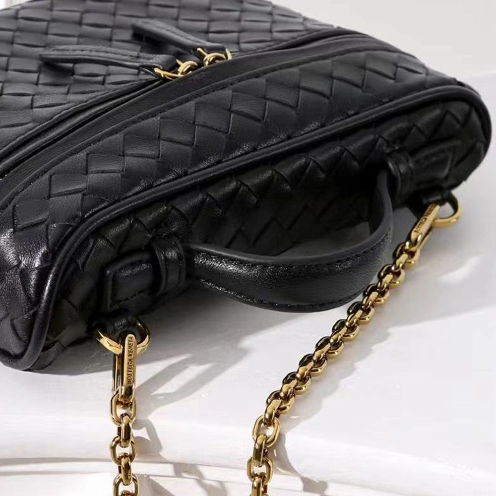 Woven Leather Mini Vanity Case Crossbody Bag | Compact Chain Shoulder Bag