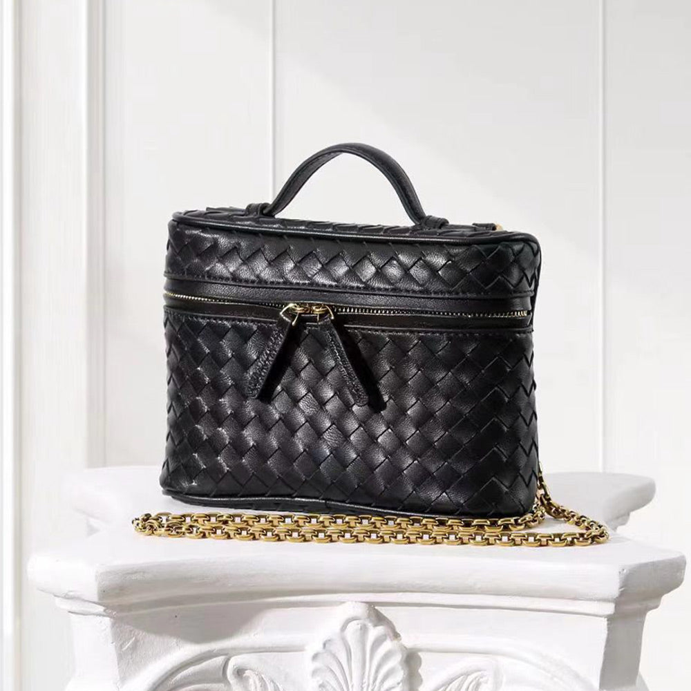 Woven Leather Mini Vanity Case Crossbody Bag | Compact Chain Shoulder Bag