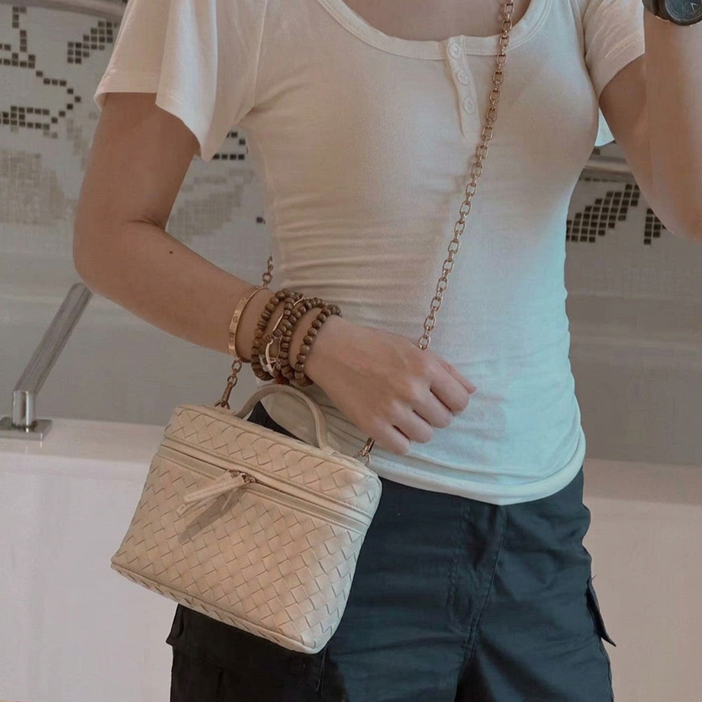 Woven Leather Mini Vanity Case Crossbody Bag | Compact Chain Shoulder Bag