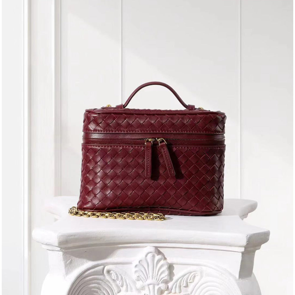Woven Leather Mini Vanity Case Crossbody Bag | Compact Chain Shoulder Bag