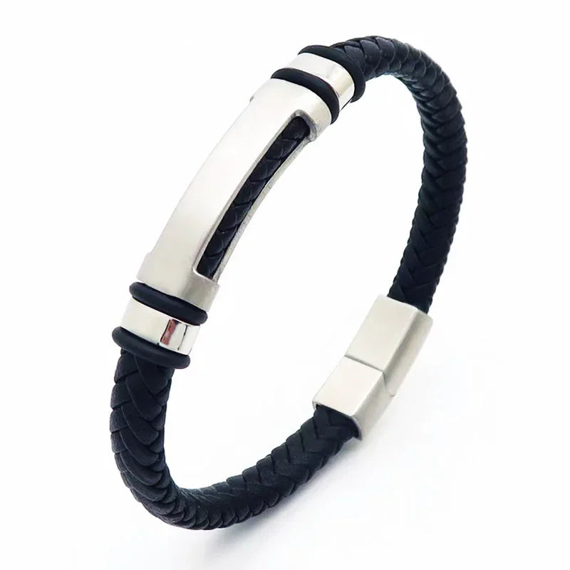 Simple Leather bracelet with steel Men Bracelet - CIVIBUY