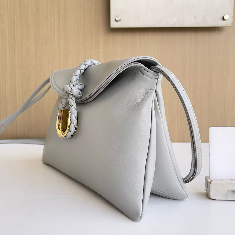 Smooth Calf Leather Bag With Double Flap Crossbody Bag,Medium Grey【KE-BT88】