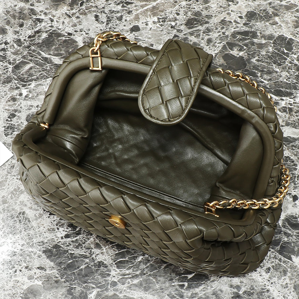 Lauren Teen Clutch With Chain Woven Leather Clutch, Olive green