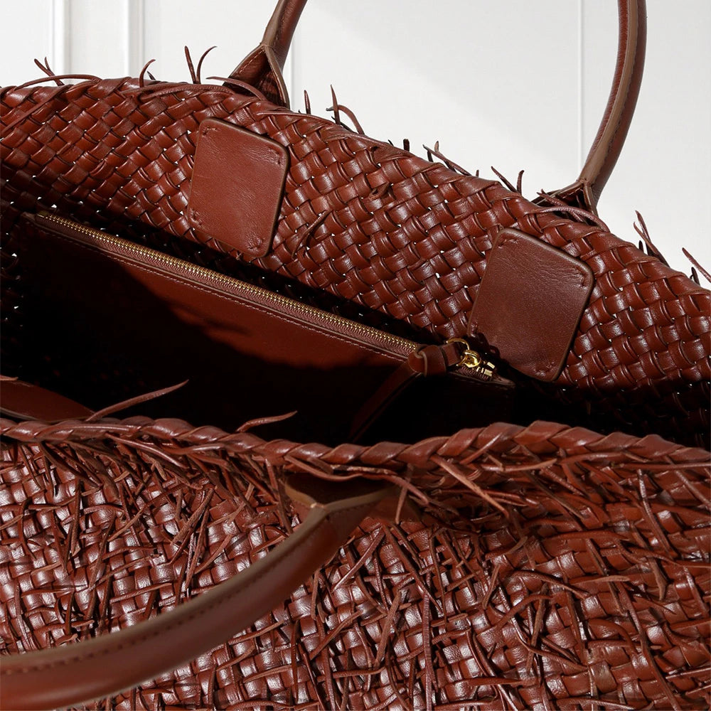 Artisan Quad-Layered Fringed Lambskin Tote Hand-Woven Italian Nappa