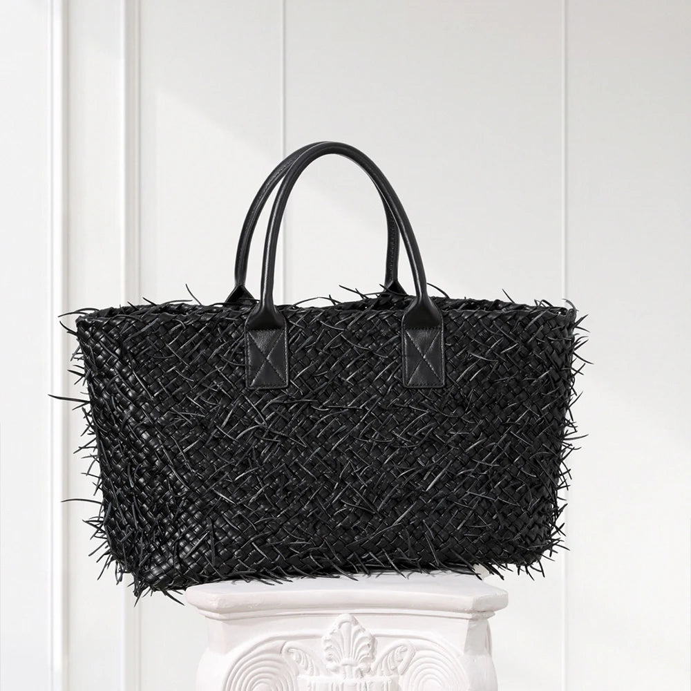 Artisan Quad-Layered Fringed Lambskin Tote Hand-Woven Italian Nappa