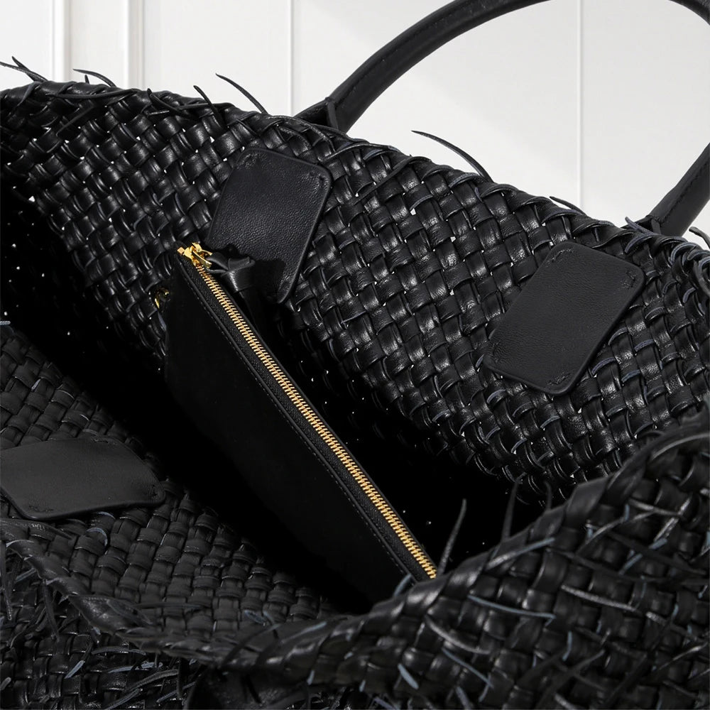 Artisan Quad-Layered Fringed Lambskin Tote Hand-Woven Italian Nappa