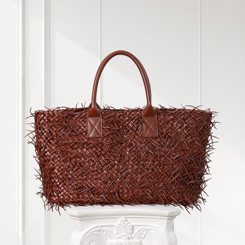 Artisan Quad-Layered Fringed Lambskin Tote Hand-Woven Italian Nappa
