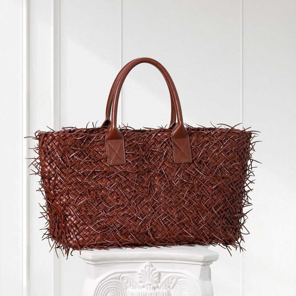 Artisan Quad-Layered Fringed Lambskin Tote Hand-Woven Italian Nappa