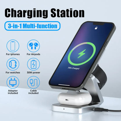 Aluminum Alloy 3 In 1 Foldable Magnetic Wireless Charger for iphone 15,14,13,12 AirPods 3/2 Station - CIVIBUY