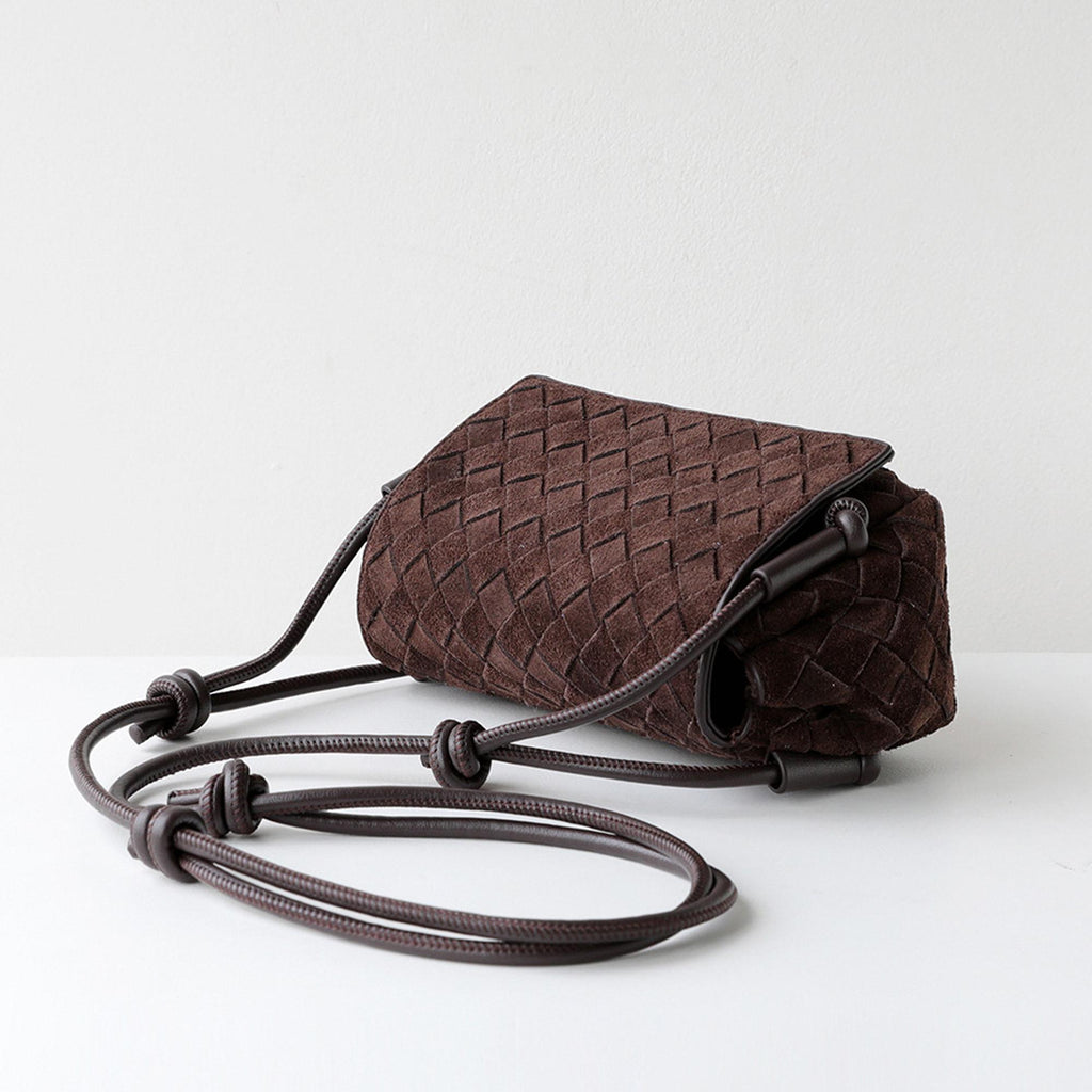 Chocolate Brown Woven Genuine Suede Leather Shoulder Bag