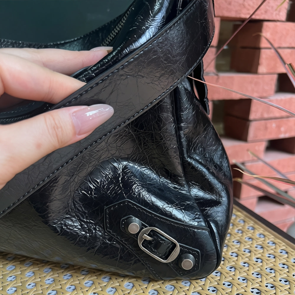 Women's Black Patent Leather Shoulder Bag Versatile Large Tote，Small