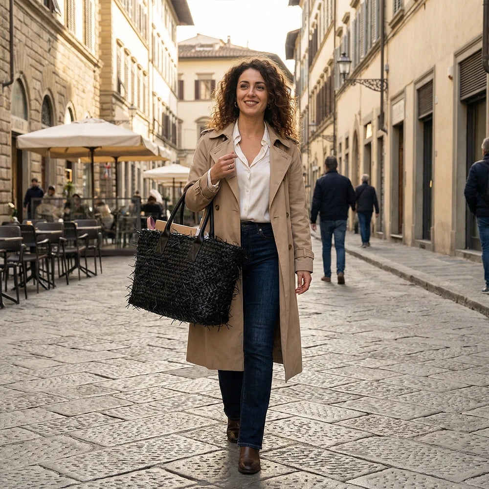 Artisan Quad-Layered Fringed Lambskin Tote Hand-Woven Italian Nappa