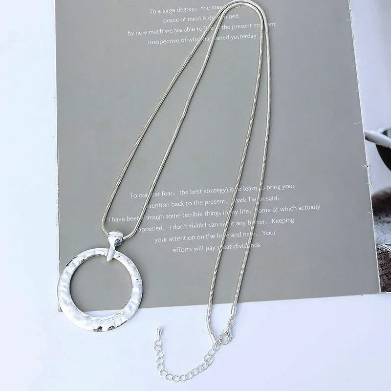 Long pendent Necklace Women silve Circle Pendant Punk Necklace Collar - CIVIBUY