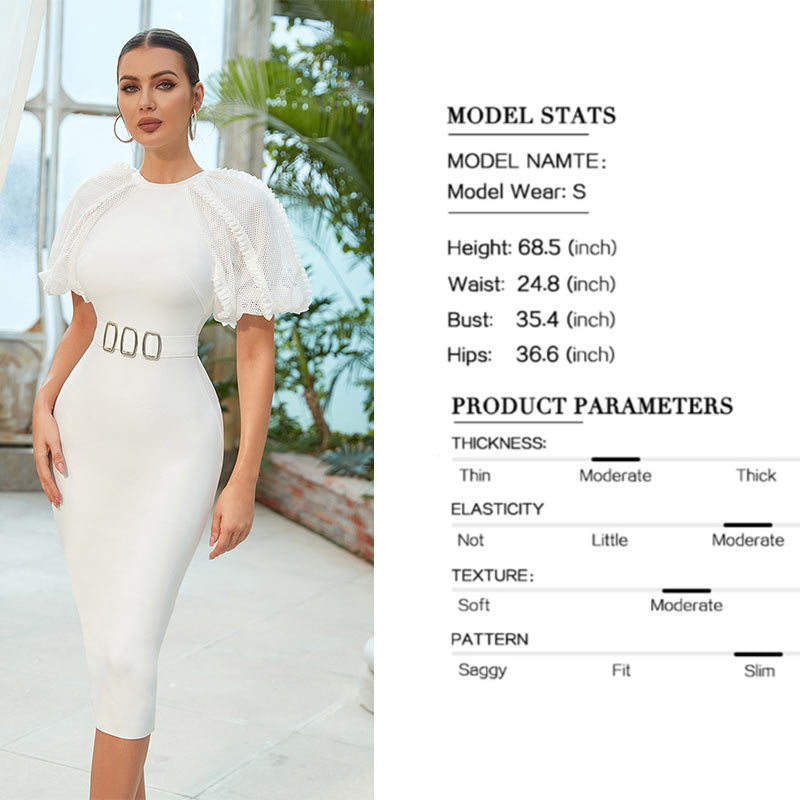 Sultry Split Back Bodycon Dress for Women - Contrast Mesh Puff Sleeve Belted Cocktail Dress - CIVIBUY