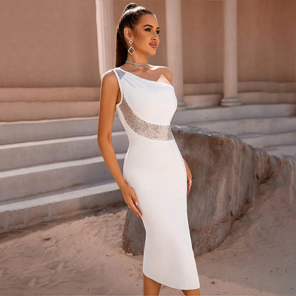 Sultry White Mesh Evening Gown for Women Pleated Halter Sexy Bodycon Cocktail Dress - CIVIBUY