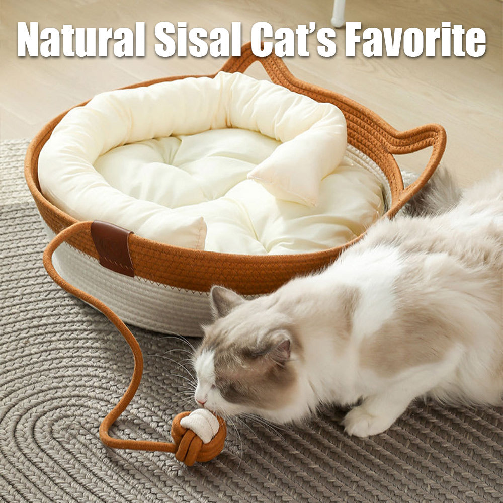 天然猫ベッド 麦わら巣編み ペットハウス 手作り編み込みソフトクッション 16インチ