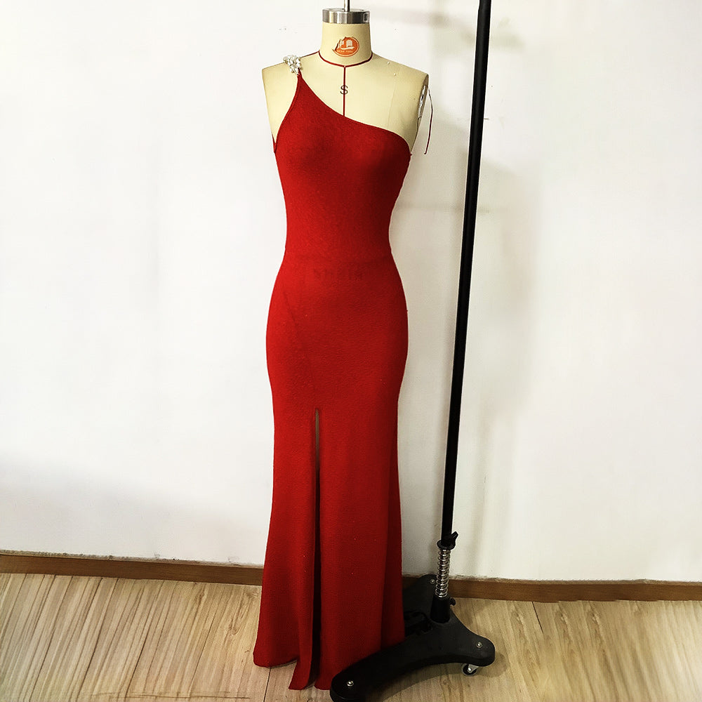 Prom Dress Elegant Red One Shoulder Evening Gowns High Slit Elegant Wedding Guest dresses - CIVIBUY