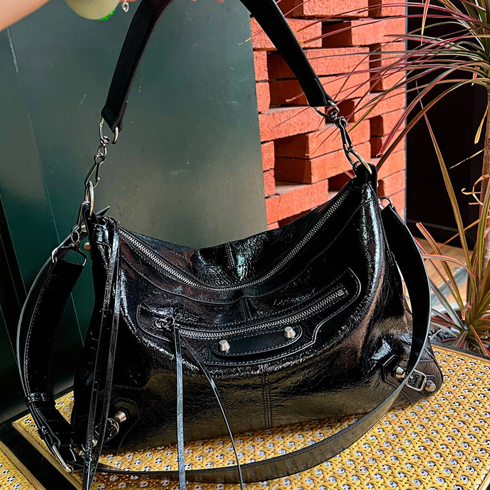 Women's Black Patent Leather Shoulder Bag Versatile Large Tote，Small